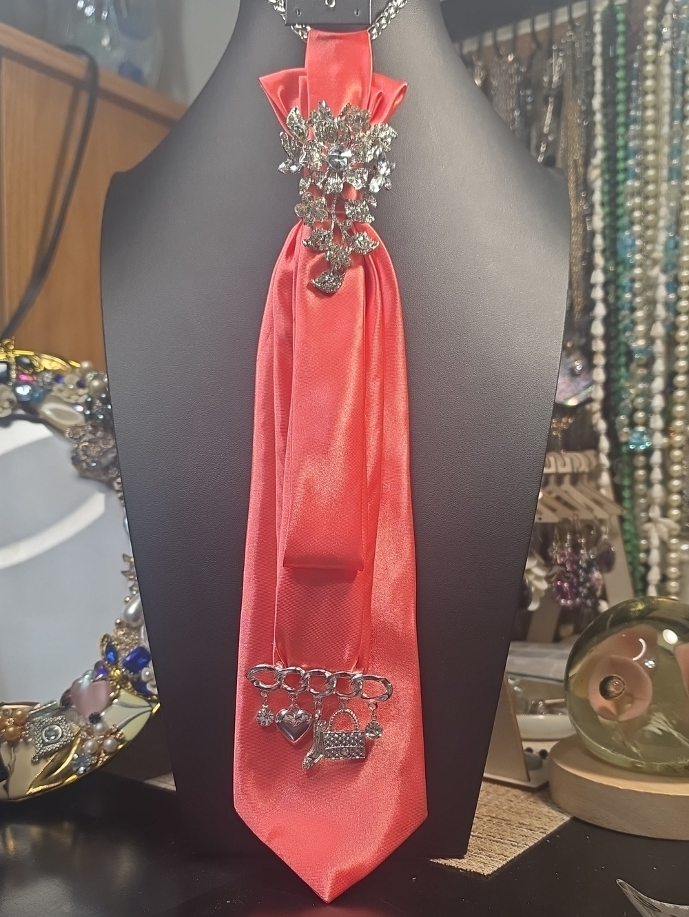 Elegant Custom Made Coral Satin Necktie & Necklace with Silver Charms